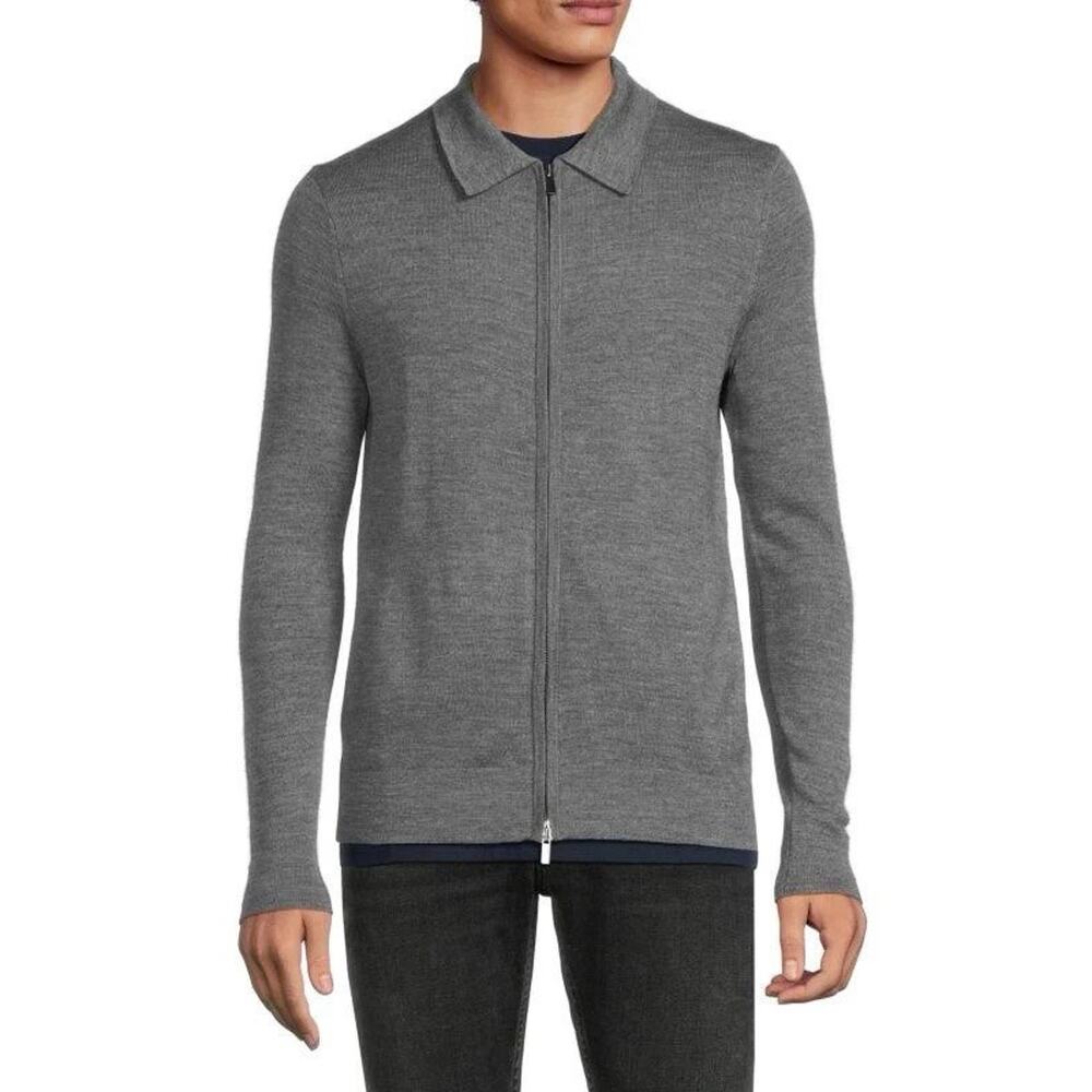 Men’s Large Gray Merino Wool Blend Full Zip Knit Polo Sweater Saks Fifth Avenue